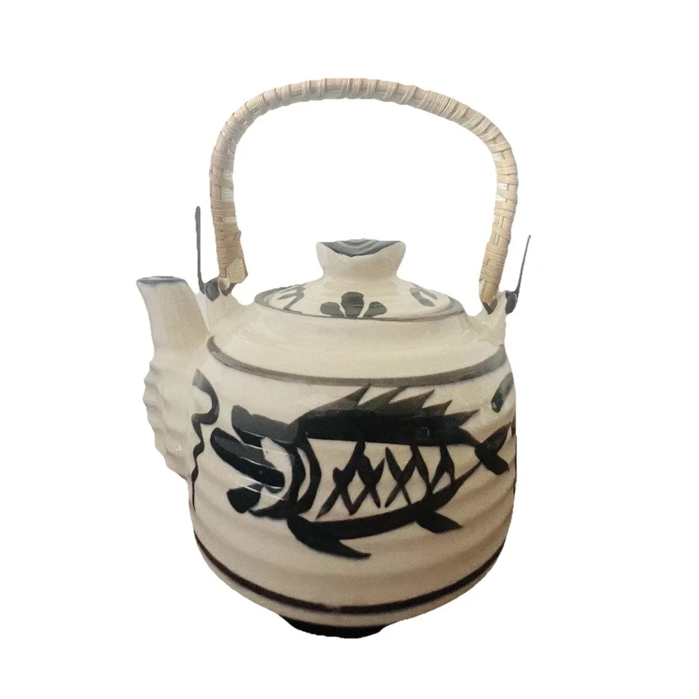 Vintage Hand Painted Fish Ceramic Teapot with Bamboo Handle Cream Black Crackle